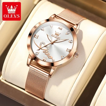 OLEVS Relógio de Quartzo para Mulheres de Aço Inoxidável Luxuoso Requintado de Discagem Impermeável Luminosa e Elegante Moda Senhoras Relógios de pulso Reloj