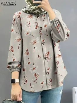 Outono de Lapela Pescoço, Camisa de Manga Longa ZANZEA de Moda as Mulheres com estampa Floral e Blusa Boêmio Muçulmano Dubai, Turquia Abaya Hijab Tops