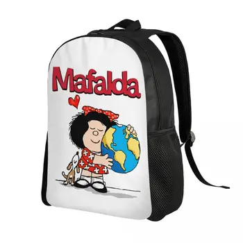 Personalizado Mafalda Mundo Mochila Mulheres Homens Casual Bookbag para a Faculdade de Escola em Quadrinhos de Quino Cartoon Sacos