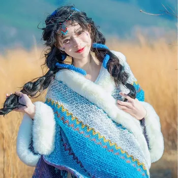 Poncho Manto de Outono Inverno Novo Faux Fur Collar de Borla Cabo Xale da Mulher, metade do Comprimento de Indie Folk de Tricô Moda Casaco cor-de-Rosa T629