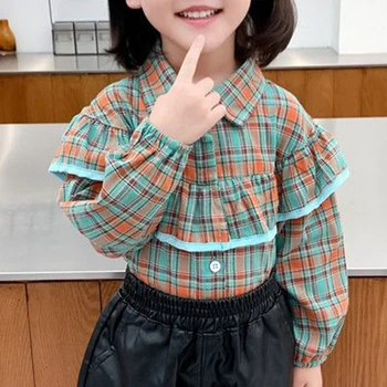 Primavera, Outono Novo Xadrez Harajuku Kawaii Girls Blusa de Moda Blusa Toda a Correspondência Chique para Crianças, Camisa de Babados de Manga Longa Crianças Tops