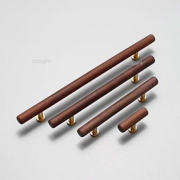 Puxadores de Gaveta Puxa Longos de Madeira Puxadores para Móveis de Hardware Natural de Noz + de Bronze do Punho da Mobília do Armário de Cozinha