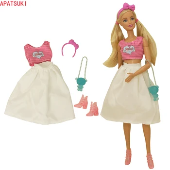 Rosa Listrado Roupas Para A Boneca Barbie 1/6 Acessórios Curto Sem Mangas De Cima E Saia Branca Saco De Sapatos Hairband Roupas Brinquedos