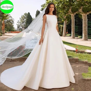 Simples Colher De Cetim Vestidos De Casamento Para Women2023 Elegante Laço Com Bolsos Vestidos De Noiva Boda Suknia Ślubna Robe De Mariée