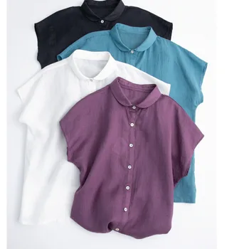 Solta pequena lapela da camisa de manga curta de Verão, leve e refrescante fina contagem de rami camisa das Mulheres de fumaça púrpura branco 23756