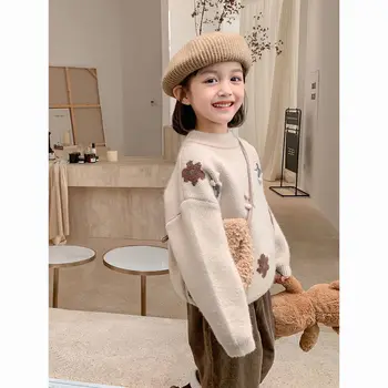 Suéter De Meninas Outono Inverno Novo Coreano Espessamento Bordado Crianças Subjacência Malhas De Roupa Listrada Gola Redonda
