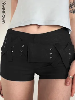 Sweetown Orifício da Correia de Preto Punk Gótico Shorts Mulheres Elástico de Cintura Baixa Y2K Streetwear Quente de Verão coreano Moda E Menina de Calças Curtas