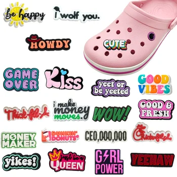 Vendas quentes 1Pcs Frases em inglês Croc Charme Sapato Botão Acessórios Sandálias Decoração Ajuste DIY Crianças Jibz de Mulheres do Partido Presente