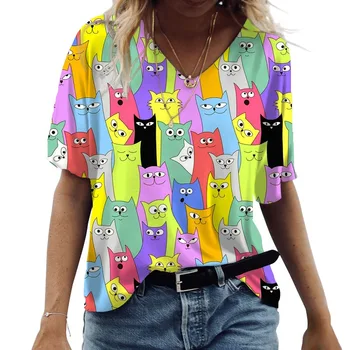 Verão com decote em V Mulheres T-shirt Bonito dos desenhos animados do Gato de Impressão Short Sleeve Top Kawaii Moda Casual T-shirt Rua Desgaste das Mulheres