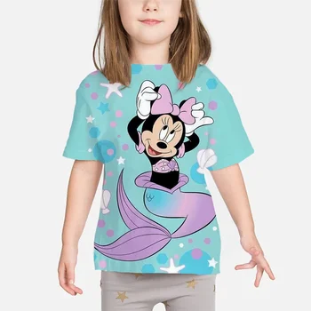 Verão de Disney do Minnie do Mickey Mouse Imprimir T-Shirt de desenhos animados para Meninas T-shirts de Manga Curta Crianças Sereia Cartoon T-shirt Tops