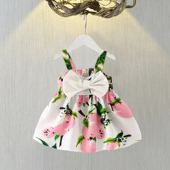 Verão de novo Baby Girl Dress Grande Arco Infantil Bebê Roupas de Menina Bonito de Impressão sem Mangas Bebê Recém-nascido Princesa Vestidos para Bebê Meninas